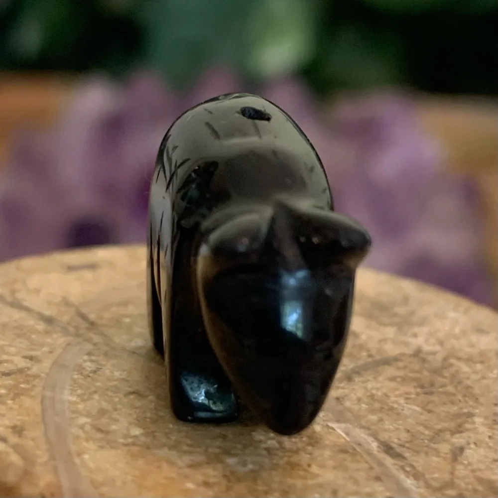 Vintage Carved Obsidian Black Bear Fetish Pendant Bead Detailed Drilled Mini .9